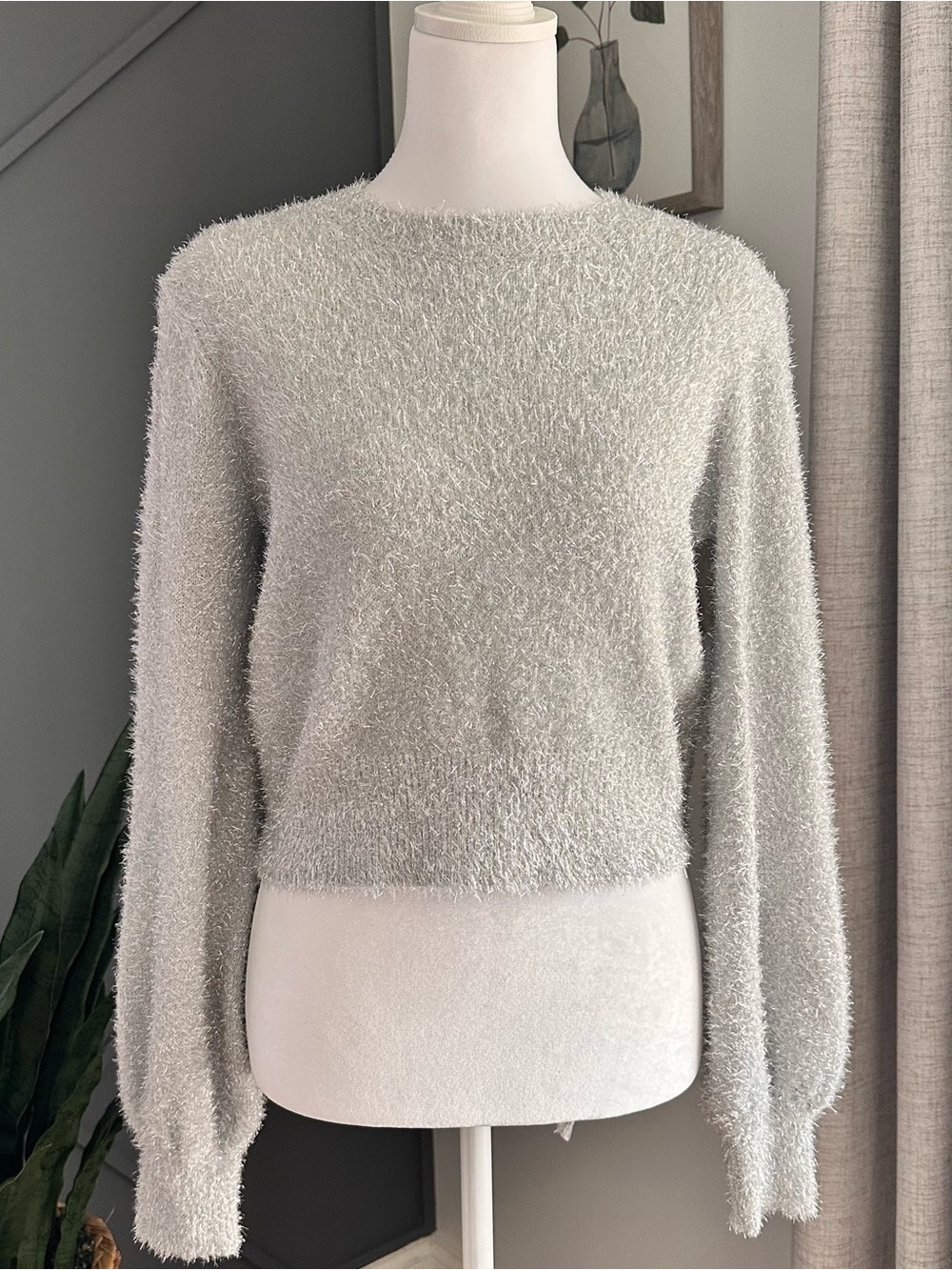 Sunday Best Shimmery Light Silver Fuzzy Crewneck Sweater